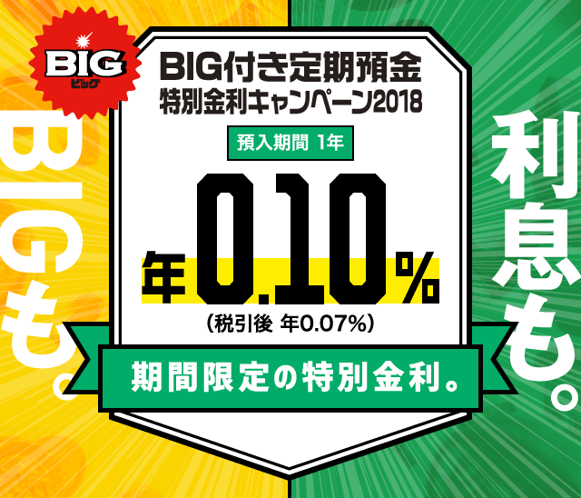 利息も。BIGも。BIG付き定期預金　特別金利キャンペーン2018　預入期間1年　年0.10％（税引後 年0.07％）期間限定の特別金利。