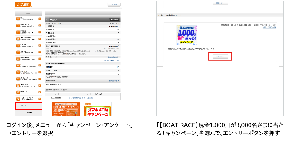 ログイン後、メニューから「キャンペーン・アンケート」→エントリーを選択 【BOAT RACE】現金1,000円が3,000名さまに当たる！キャンペーン」を選んで、エントリーボタンを押す