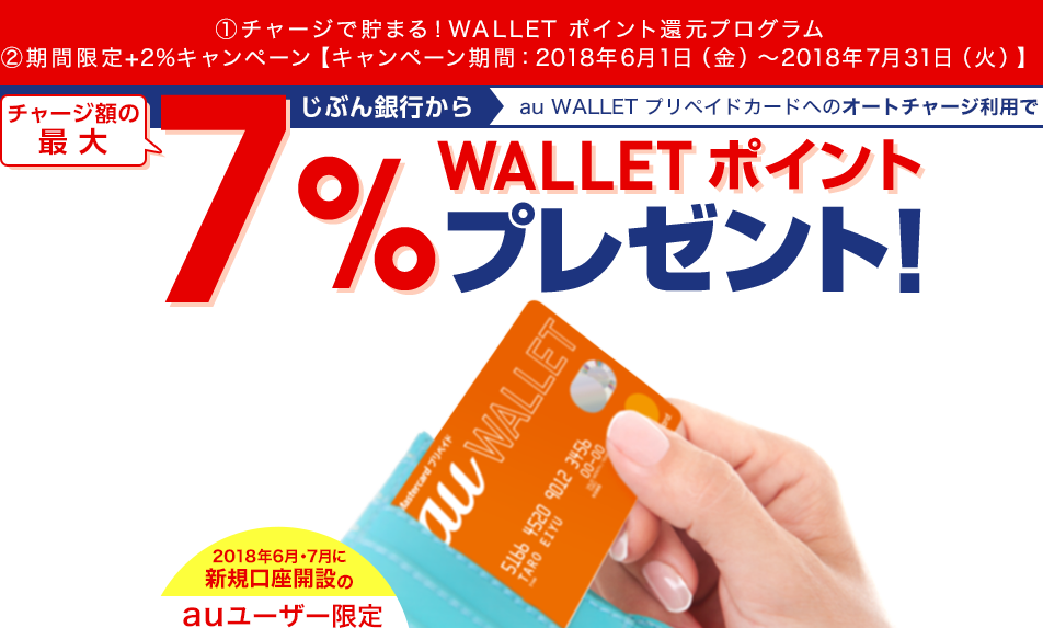 ①チャージで貯まる！WALLET ポイント還元プログラム ②期間限定+2％キャンペーン【キャンペーン期間：2018年6月1日（金）～2018年7月31日（火）】 じぶん銀行からau WALLET プリペイドカードへのオートチャージ利用でチャージ額の最大7％WALLET ポイントプレゼント！ 2018年6月・7月に新規口座開設のauユーザー限定