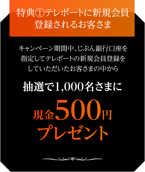 テレボートに新規会員登録されるお客さま キャンペーン期間中、じぶん銀行口座を指定してテレボートの新規会員登録をしていただいたお客さまの中から 抽選で1,000名さまに 現金500円プレゼント