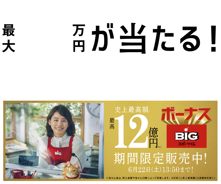 最大10万円が当たる！ ボーナスBIGキャンペーン 虫上最高額。 最高12億円 期間限定販売中! 6月22日(土)13:50まで! ボーナス BIG スポーツくじ