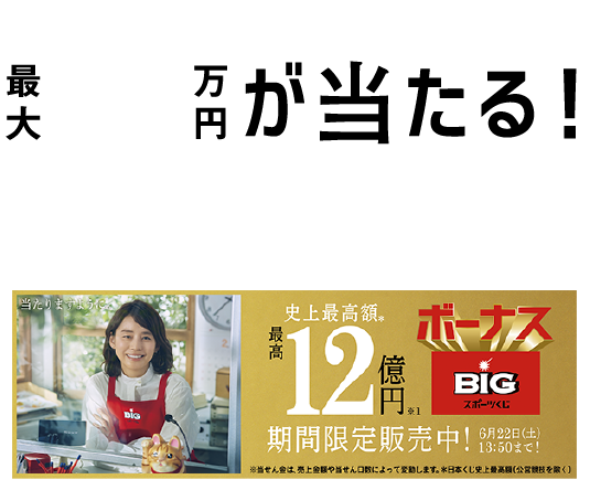 最大10万円が当たる！ ボーナスBIGキャンペーン 虫上最高額。 最高12億円 期間限定販売中! 6月22日(土)13:50まで! ボーナス BIG スポーツくじ