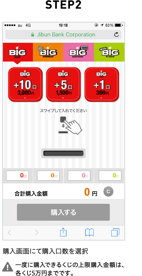 STEP2 購入画面にて購入口数を選択 一度に購入できるくじの上限購入金額は、各くじ5万円までです。