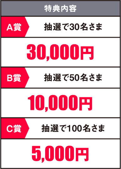 特典内容 A賞 抽選で30名さま 30,000円 B賞 抽選で50名さま 10,000円 C賞 抽選で100名さま 5,000円