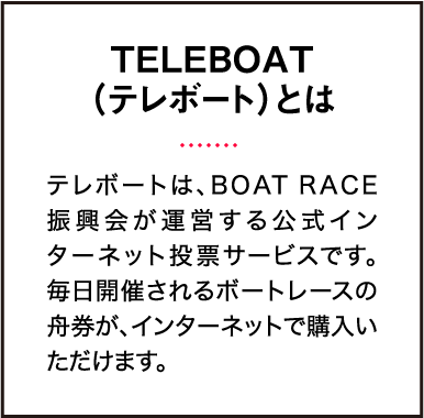 TELEBOAT（テレボート）とは テレボートは、BOAT RACE振興会が運営する公式インターネット投票サービスです。毎日開催されるボートレースの舟券が、インターネットで購入いただけます。