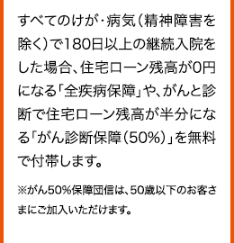 すべてのけが・病気（精神障害を除く）で180日以上の継続入院をした場合、住宅ローン残高が0円になる「全疾病保障」や、がんと診断で住宅ローン残高が半分になる「がん診断保障（50％）」を無料で付帯します。 ※がん50％保障団信は、50歳以下のお客さまにご加入いただけます。