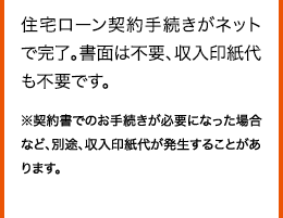 住宅ローン契約手続きがネットで完了。書面は不要、収入印紙代も不要です。 ※契約書でのお手続きが必要になった場合など、別途、収入印紙代が発生することがあります。