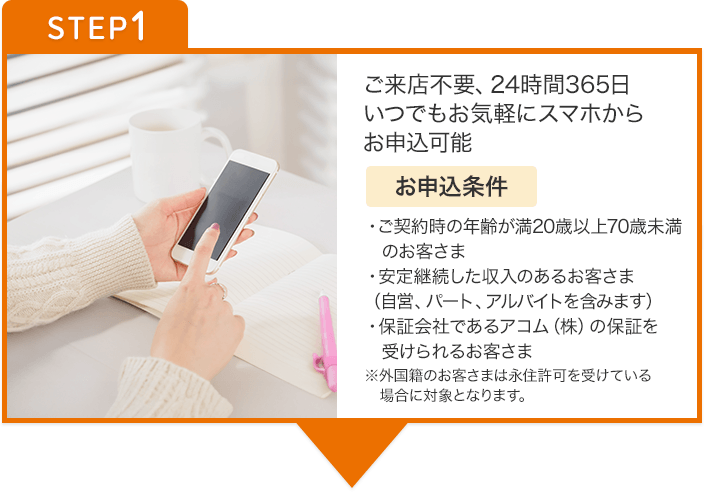 STEP1 ご来店不要、24時間365日いつでもお気軽にスマホからお申込可能　お申込条件・ご契約時の年齢が満20歳以上70歳未満のお客さま・安定継続した収入のあるお客さま（自営、パート、アルバイトを含みます）・保証会社であるアコム（株）の保証を受けられるお客さま※外国籍のお客さまは永住許可を受けている場合に対象となります。