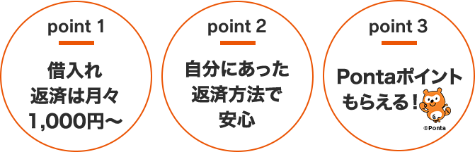 point1 借入れ 返済は月々 1,000円～  point2 自分にあった 返済方法で 安心 point3 最大11,000 Pontaポイント もらえる！