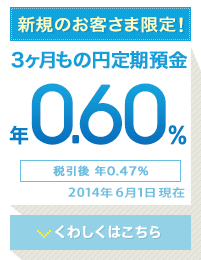 新規のお客様限定！ 3か月もの円定期預金 年0.60% 税引後 年0.47% 2014年6月1日現在 くわしくはこちら 