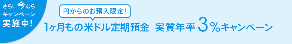 さらに今ならキャンペーン実施中！円からのお預入限定！1ヶ月もの米ドル定期預金 実質年率3%キャンペーン