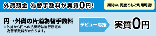 外貨預金 為替手数料が実質0円！「期間中、何度でもご利用可能！」円→外貨の片道為替手数料※外貨から円への払戻時は当行所定の為替手数料がかかります。＜デビュー応援＞「実質0円」