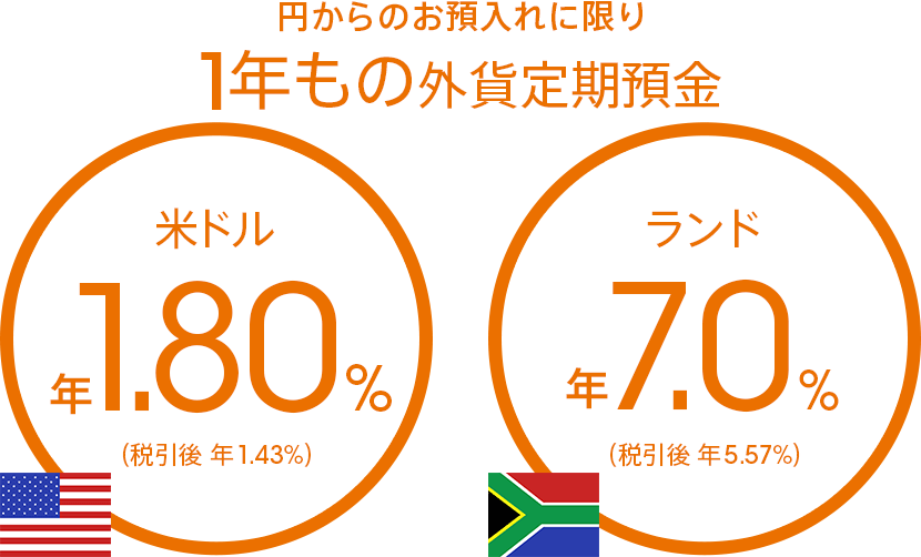 円からのお預入れに限り 1年もの米ドル定期預金 年1.80%(税引後 年1.43%)/1年ものランド定期預金 年7.0%(税引後 年5.57%)
