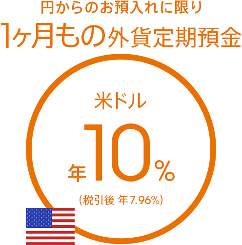 円からのお預入れに限り 1ヶ月もの米ドル定期預金 年10%(税引後 年7.96%)