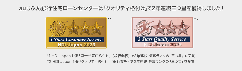 auじぶん銀行住宅ローンセンターは「クオリティ格付け」で2年連続三つ星を獲得しました！