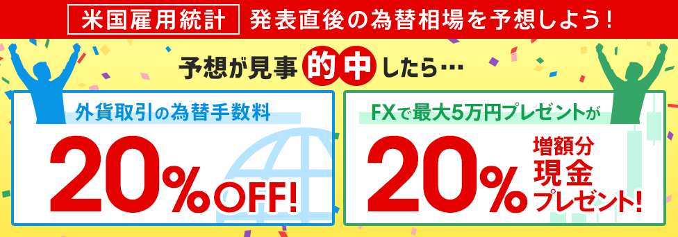 [米国雇用統計を予想しよう！] 予想が当たったら、為替手数料を20％OFF！予想が当たったら、「FX取引で最大5万円プレゼント」を20％増額！