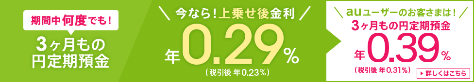 3ヶ月もの円定期預金に今なら！上乗せ後金利で、期間中何度でも！！年0.29％（税引後 年0.23％）　auユーザーのお客さまは！3ヶ月もの円定期預金にさらにau限定金利上乗せ！年0.39％（税引後 年0.31％）