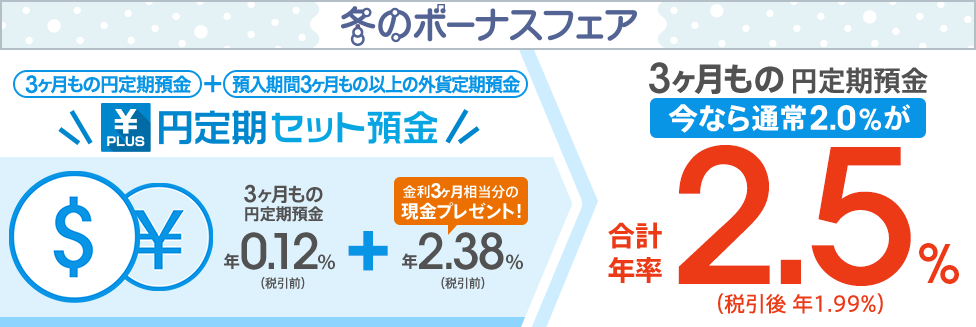 【冬のボーナスフェア】 [円定期セット預金] 3ヶ月もの円定期預金＋預入期間3ヶ月もの以上の外貨定期預金で金利3ヶ月相当分の現金プレゼント！今なら通常2.0％が合計年率2.5％（税引後 年1.99％）