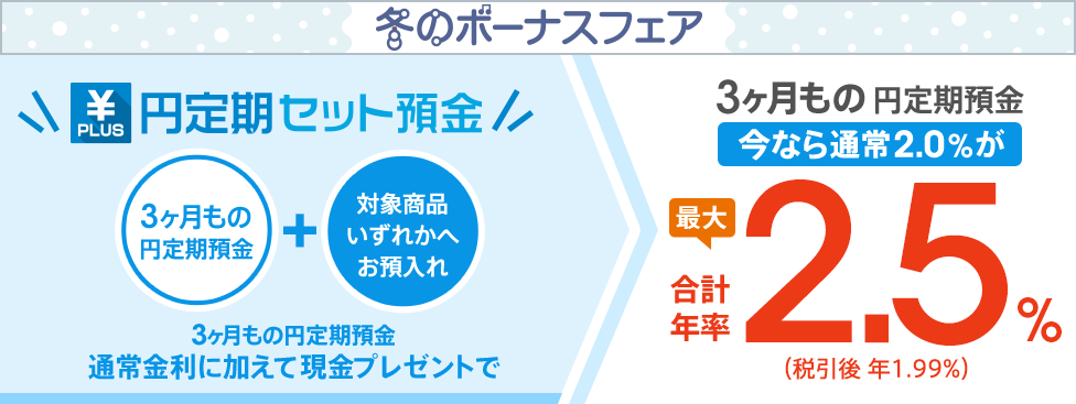 【冬のボーナスフェア】 [円定期セット預金] 3ヶ月もの円定期預金＋対象商品いずれかへお預入れいただくと、通常金利に加えて現金プレゼントで今なら通常2.0％が合計年率最大2.5％（税引後 年1.99％）に！