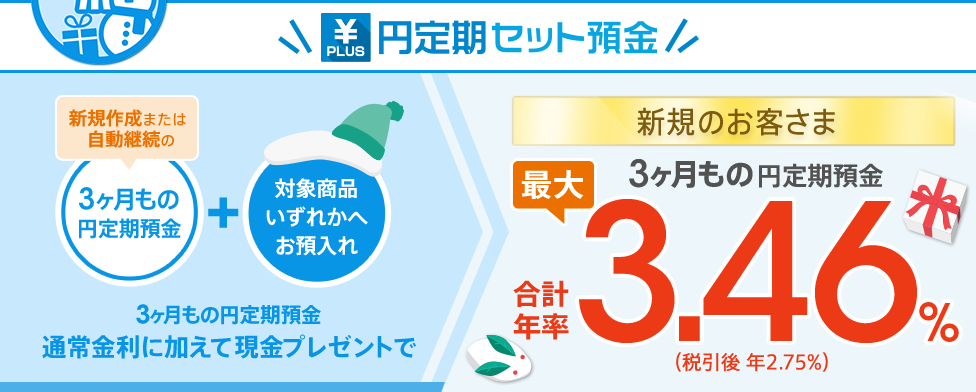 【冬のボーナスフェア】[円定期セット預金] 【新規のお客さま限定】3ヶ月もの円定期預金と対象商品へのお預入れで、金利＋現金プレゼント。