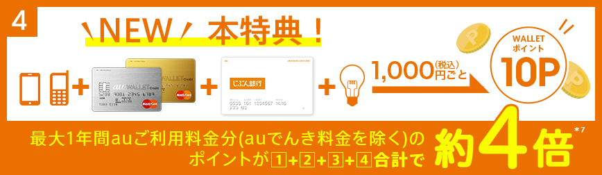 最大1年間auご利用料金分(auでんき料金を除く)のポイントが1+2+3+４合計で約4倍*7