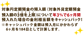 対象円定期預金の預入額（対象外貨定期預金預入額の3倍を上限）について年3％で6ヶ月間預入れた場合の金利相当額をキャッシュバック！※キャッシュバック金額は預入月にかかわらず6ヶ月を184日として計算します。