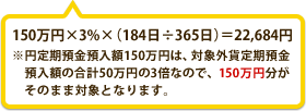 150万円×3%×（184日÷365日）＝22,684円※円定期預金預入額150万円は、対象外貨定期預金預入額の合計50万円の3倍なので、150万円分がそのまま対象となります。