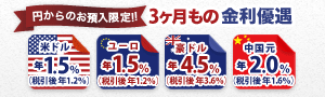 ＜円→外貨定期限定！＞3ヶ月もの外貨定期預金 金利アップキャンペーン