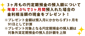 3ヶ月もの円定期預金の預入額について年率1.0％で3ヶ月間預入れた場合の金利相当額の現金をプレゼント！※プレゼント金額は預入月にかかわらず3ヶ月を91日として計算※プレゼント対象となる円定期預金の預入額は対象外貨定期預金の預入合計額を上限