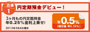 【応援1：円定期預金デビュー！】3ヶ月もの円定期預金、年0.25％金利上乗せ！今なら年0.5％（税引後 年0.39％）※2013年3月4日現在