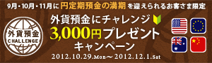 【9月・10月・11月に円定期預金の満期を迎えられるお客さま限定】外貨預金にチャレンジ♪3,000円プレゼントキャンペーン！