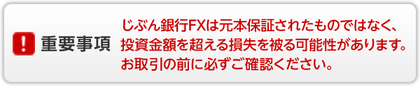 重要事項 じぶん銀行FXは元本保証されたものではなく、投資金額を超える損失を被る可能性があります。お取引の前に必ずご確認ください。