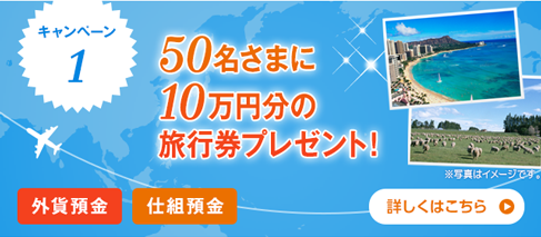 キャンペーン1 外貨預金 仕組預金 50名さまに10万円分の旅行券プレゼント！ ※写真はイメージです。 詳しくはこちら