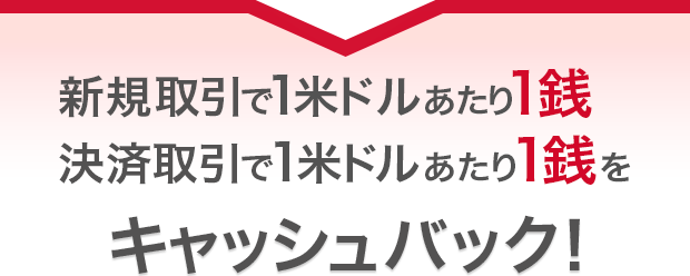 新規取引で1米ドルあたり1銭・決済取引で1米ドルあたり1銭を
キャッシュバック！