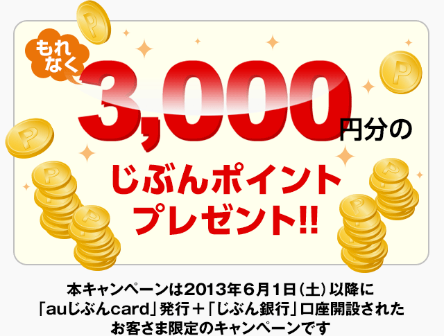 もれなく3,000円分のじぶんポイントプレゼント!! 本キャンペーンは2013年6月1日（土）以降に「auじぶんcard」発行＋「じぶん銀行」口座開設されたお客さま限定のキャンペーンです