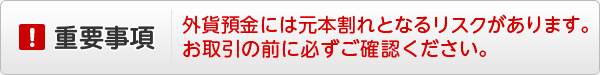 【重要事項】外貨預金には元本割れとなるリスクがあります。お取引の前に外貨預金の重要事項を必ずご確認ください。