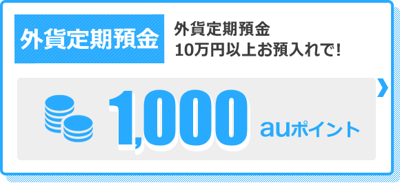 外貨定期預金 3ヶ月以上もの外貨定期預金10万円以上のお預入れで！1,000auポイント