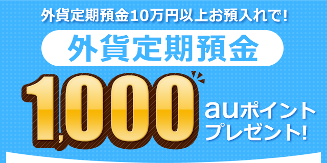 3ヶ月もの外貨定期預金10万円以上お預け入れで! 外貨定期預金 1,000auポイントプレゼント!