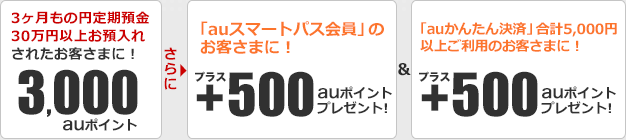 3ヶ月もの円定期預金30万円以上お預入れされたお客さまに3,000auポイント さらに「auスマートパス会員」のお客さまに+500auポイント&「auかんたん決済」合計5,000円以上ご利用のお客さまに+500auポイント