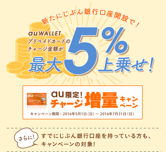 新たにじぶん銀行口座開設で！au WALLET プリペイドカードのチャージ金額が5%上乗せ
