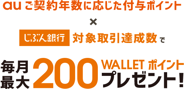 au ご契約年数に応じた付与ポイント × じぶん銀行 対象取引達成数で毎月最大200WALLET ポイントプレゼント！