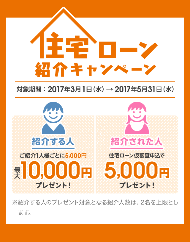 住宅ローン紹介キャンペーン 対象期間:2017年3月1日（水）～2017年5月31日（水）