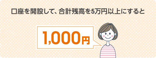 口座を開設して合計残高を5万円以上にすると1,000円 住宅ローン紹介コースとあわせて最大2,000円プレゼント！