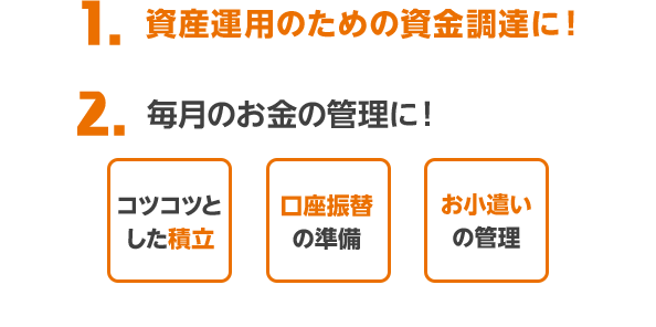 1.資金運用のための資金調達に！ 2.毎月のお金の管理に！