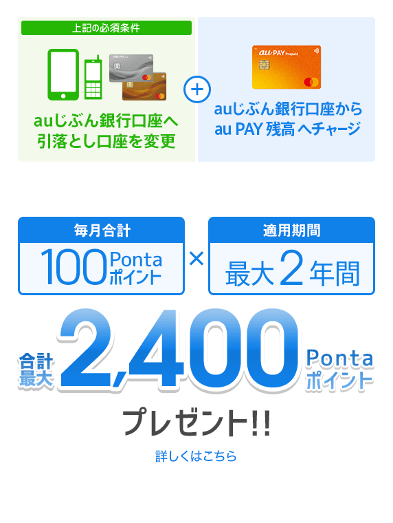 まずは引落とし口座を、auじぶん銀行口座へ変更。さらにauじぶん銀行口座からau PAY 残高へチャージで合計最大2,400Pontaポイントプレゼント！！