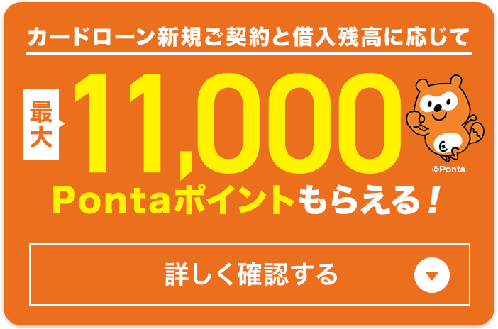 カードローン新規ご契約と借入残高に応じて最大11,000Pontaポイントプレゼント！ 詳しく確認する