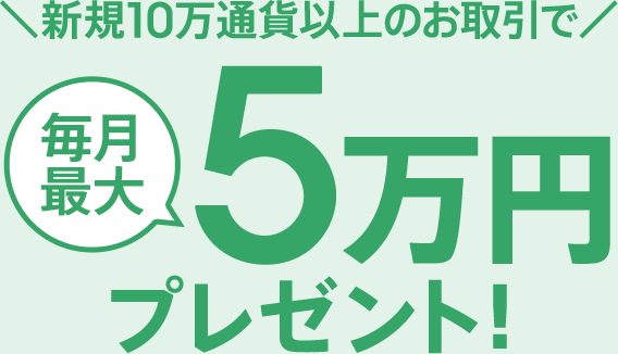 新規10万通貨以上のお取引で毎月最大5万円プレゼント!