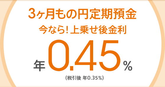 3ヶ月もの円定期預金 今なら!上乗せ後金利 年0.45%(税引後 年0.35%)